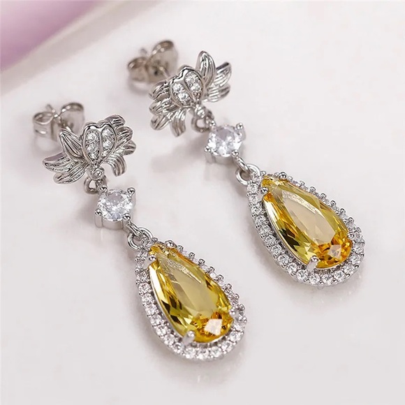 🪷Pear Cut Yellow Topaz &Cz Diamond Silver Lotus Flower post back Drop Earrings - Picture 4 of 6